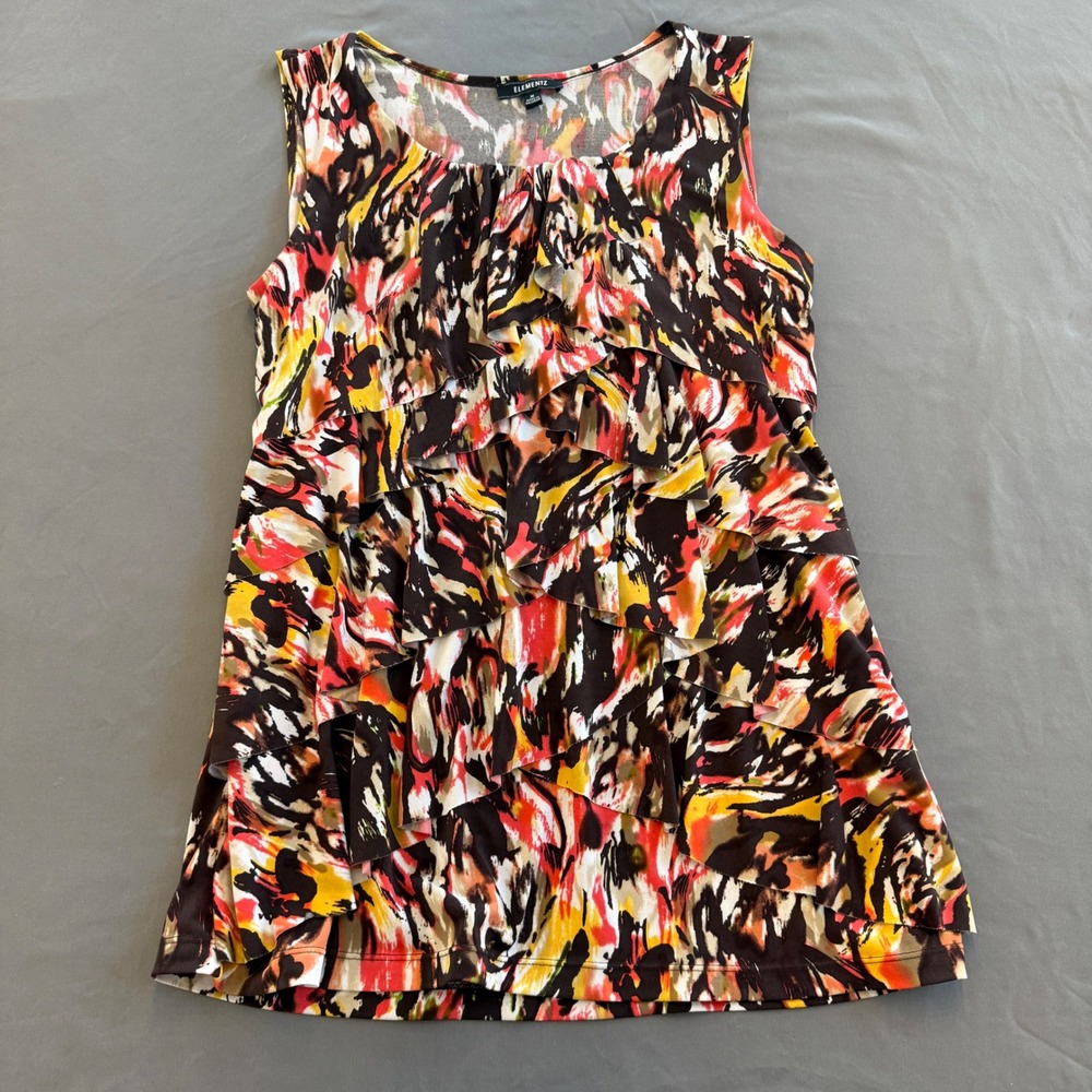 Elementz Womens Abstract Print Ruffle‎ Tiered Sleeveless Top Multicolor Medium